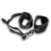 Adjustable black fabric bondage cuffs with a buckle closure.