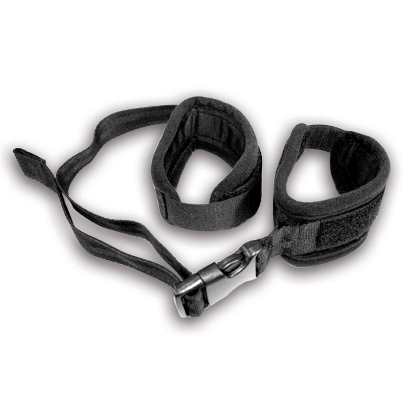Adjustable black fabric bondage cuffs with a buckle closure.