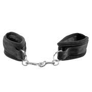 Black soft velcro beginner handcuffs with metal connectors.