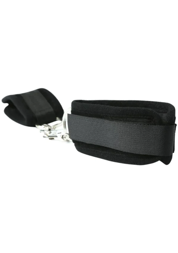 Black soft velcro beginner handcuffs with metal clasp.