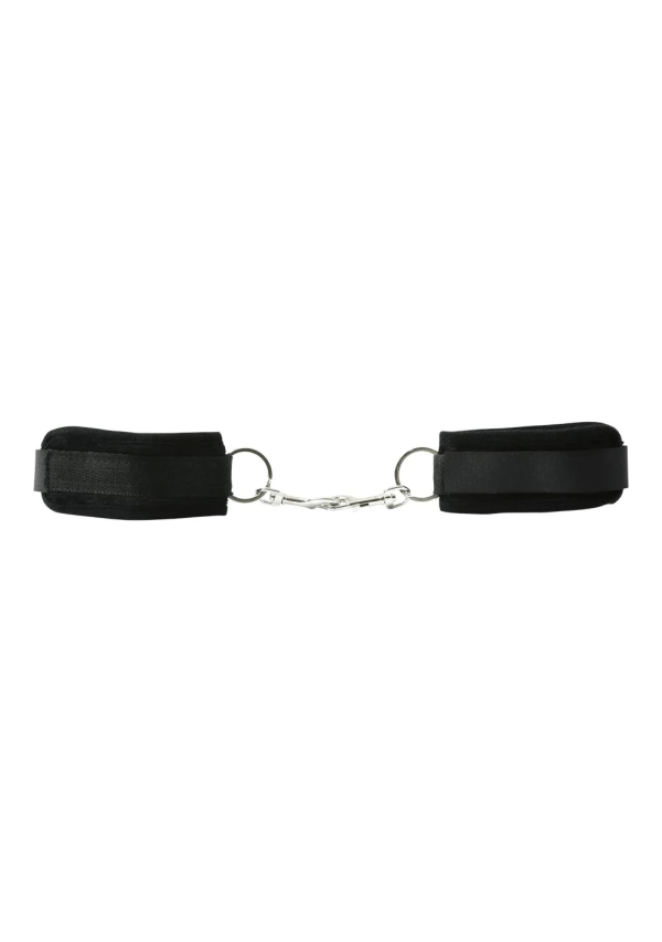 Black soft velcro beginner handcuffs with a metal chain connector.