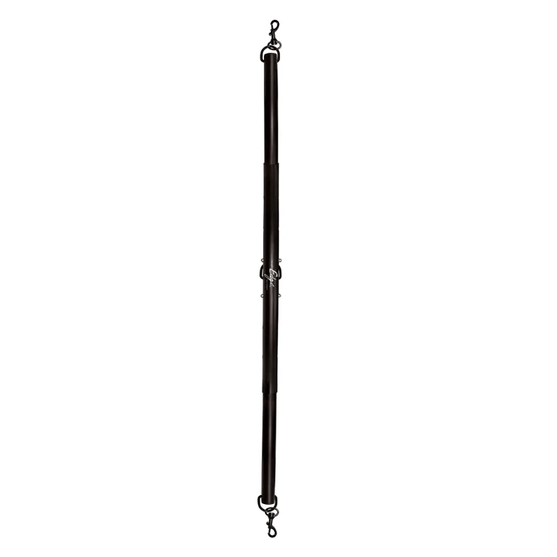Adjustable black aluminum spreader bar with clips on each end.