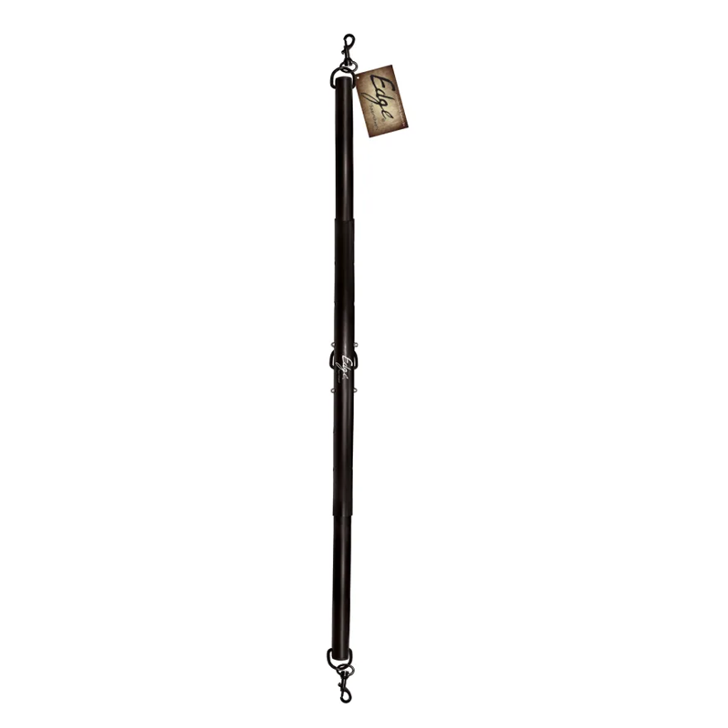 Adjustable black aluminum spreader bar with clips and a tag.