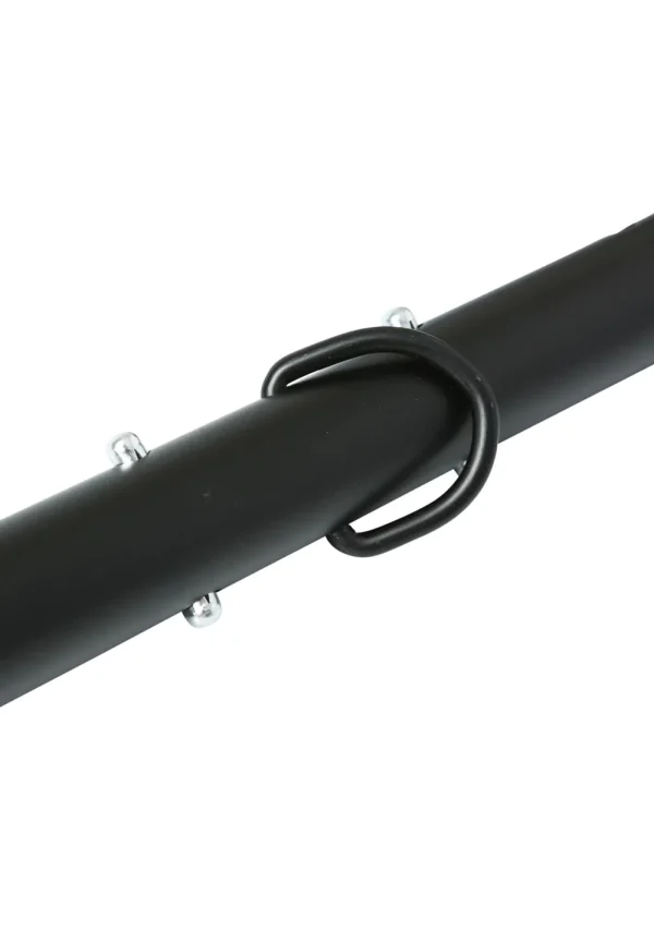 Black adjustable aluminum spreader bar with metal clips.