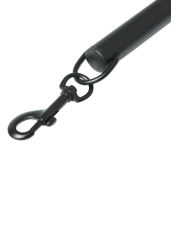Black aluminum spreader bar with a clip attachment.