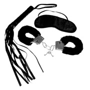BDSM kit with black furry handcuffs, blindfold, and whip.