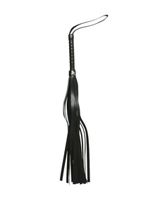 Black leather whip with a braided handle and a loop.