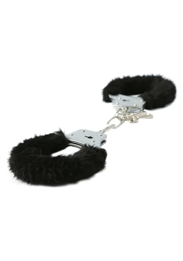 Black furry handcuffs with a chain and key.