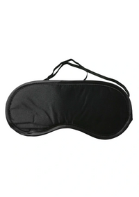 Black satin blindfold with elastic straps.