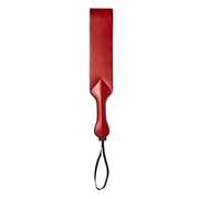 Red vegan leather paddle with a loop and wrist strap.