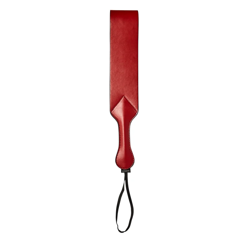Red vegan leather paddle with a loop and wrist strap.