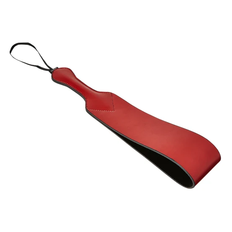 Red vegan leather paddle with a black loop and handle.