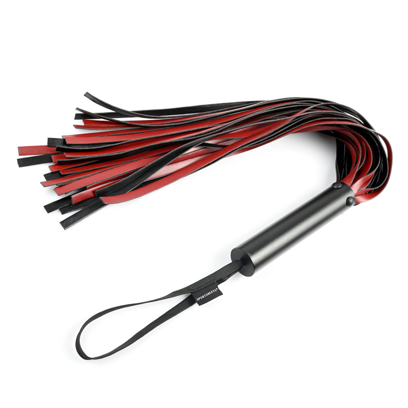Black and saffron faux leather flogger with a black metal handle.