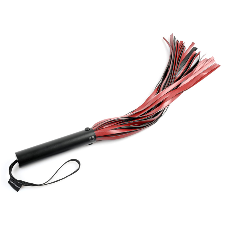 Black and red faux leather flogger with a black handle and wrist strap.