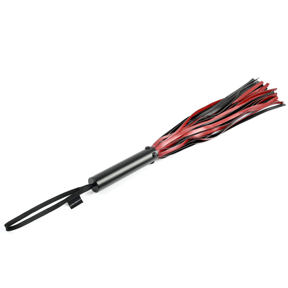 Black and red faux leather flogger with a black metal handle and wrist loop.