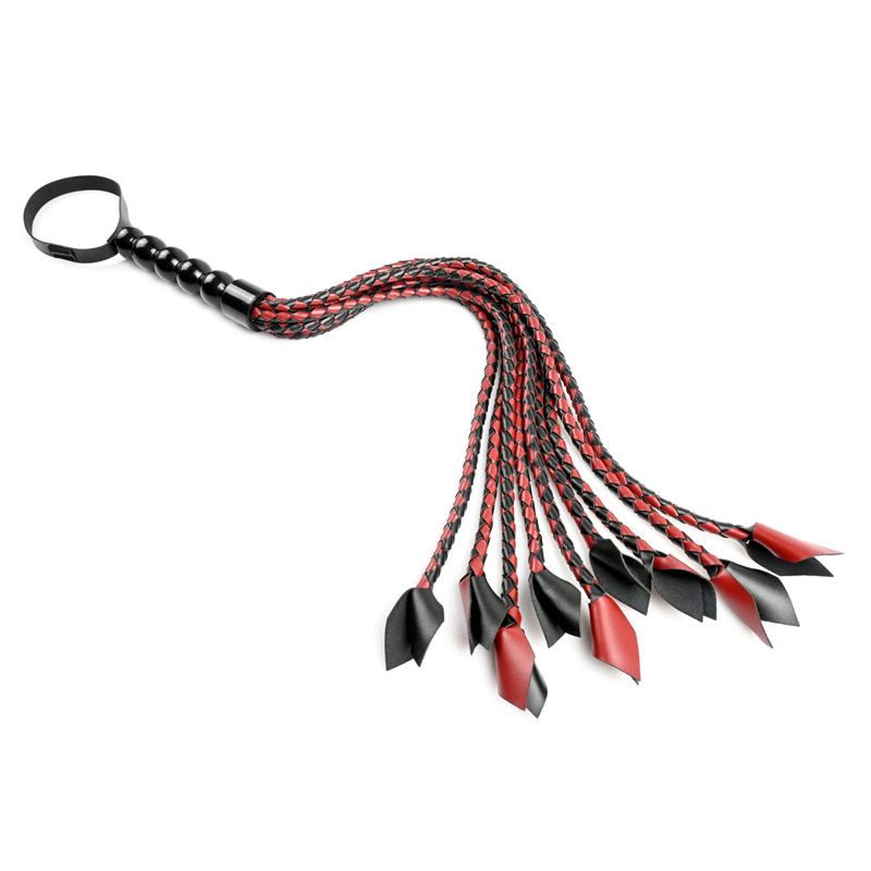 A black and red braided flogger with a black handle and nine falls.
