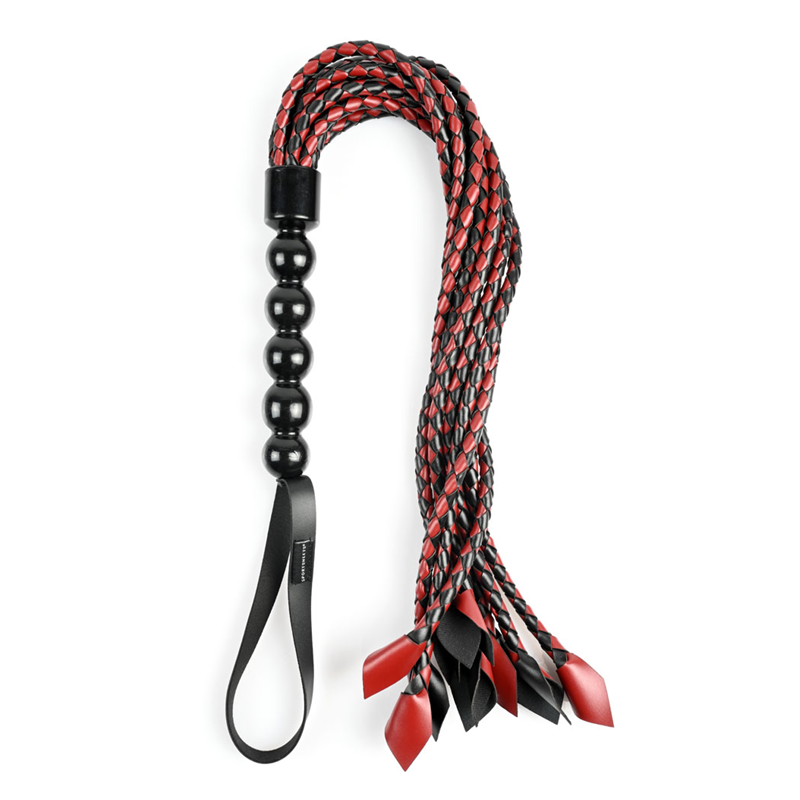 Red and black braided vegan leather flogger with black beaded handle.