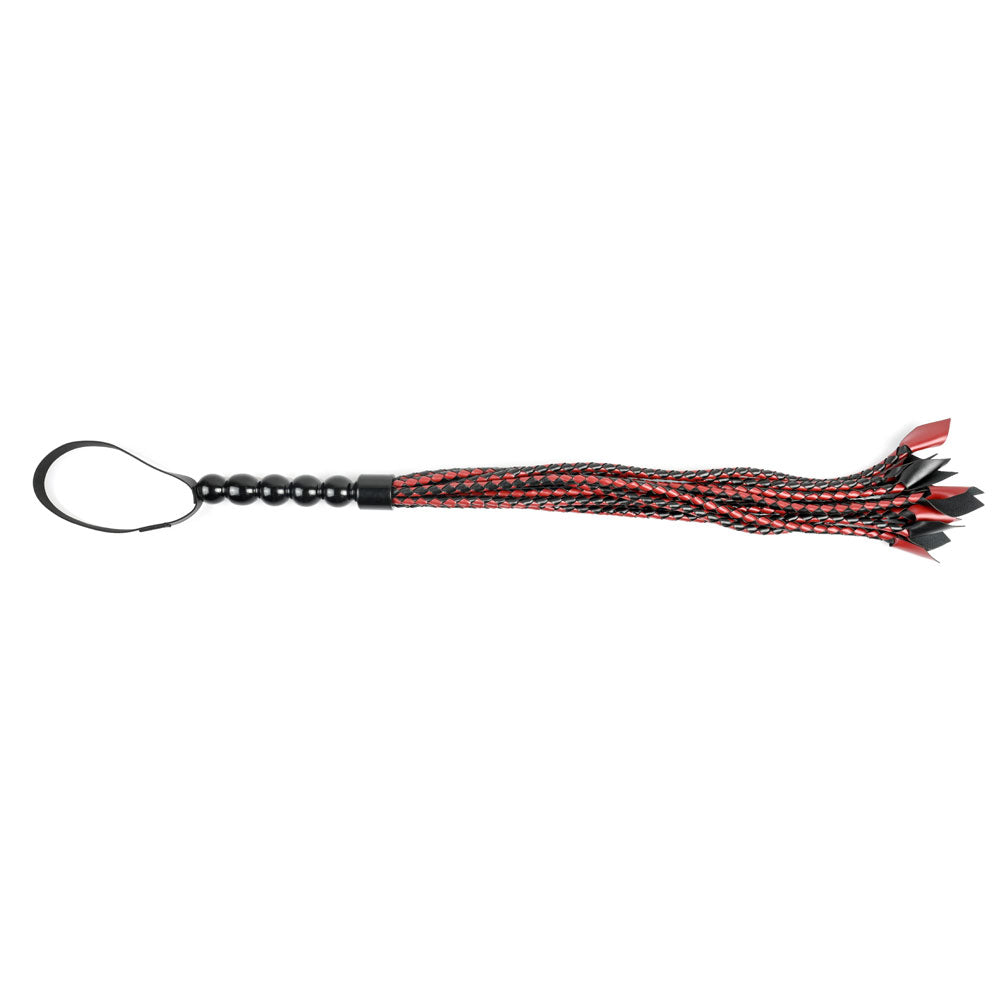 A black and red braided flogger with a beaded handle and wrist loop.