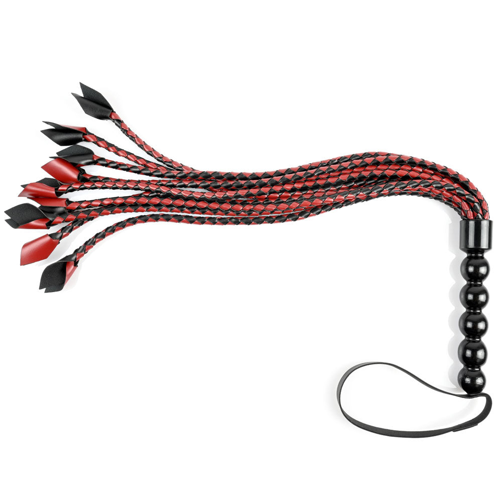 Red and black braided flogger with a black beaded handle and wrist loop.