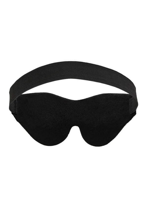Soft black padded blindfold with elastic strap.