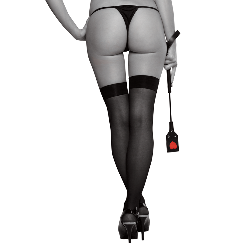Black spanking wand with a red heart detail and wrist strap.