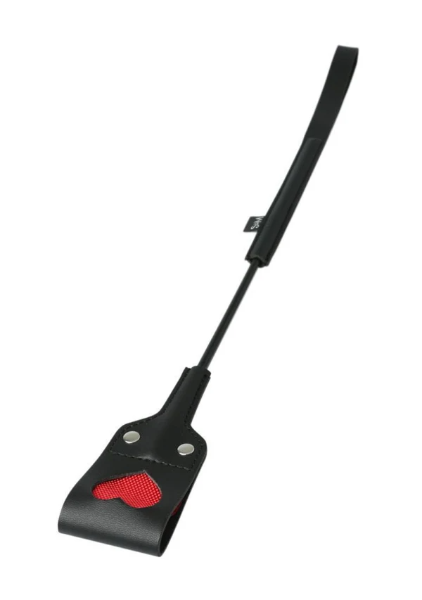 Black spanking wand with a heart-shaped red cutout and wrist strap.