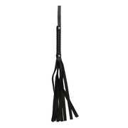 Black vegan leather flogger with a braided handle and multiple leather strands.