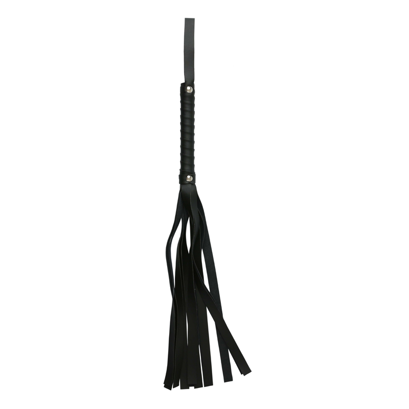 Black vegan leather flogger with a braided handle and multiple leather strands.