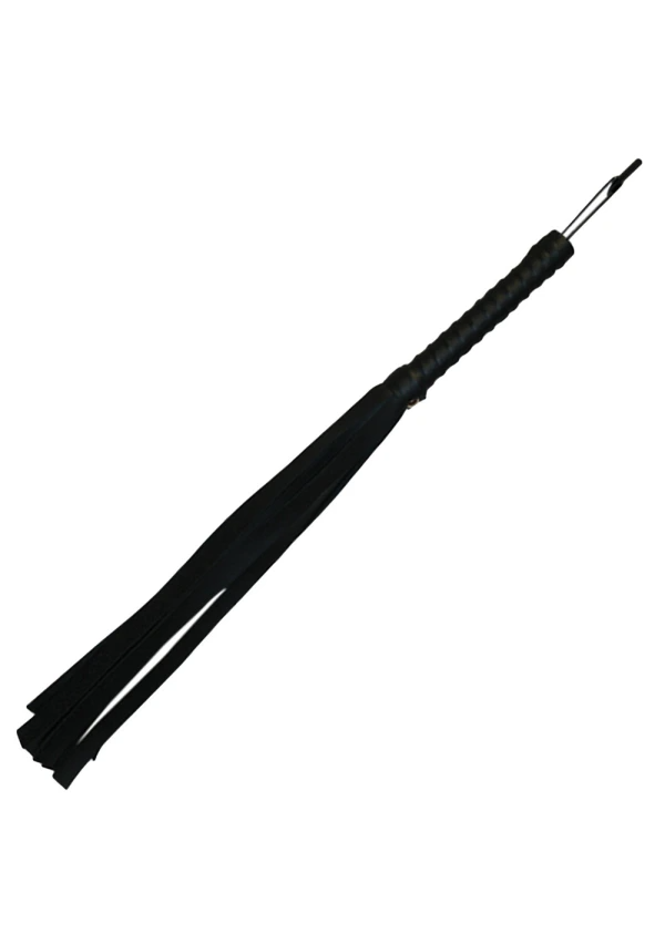 Black vegan leather flogger with a braided handle and multiple tails.
