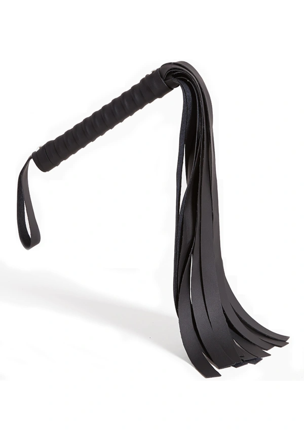 Black vegan leather flogger with a ribbed handle and multiple leather falls.