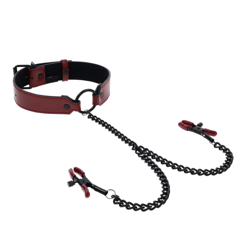 Red PU leather collar with black chain and nipple clamps.