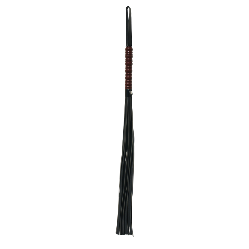 Faux leather flogger with wood accent, 30 inches long.