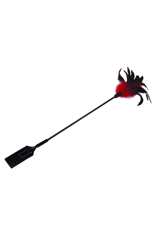 Black crop slapper with red and black feathers on a white background.