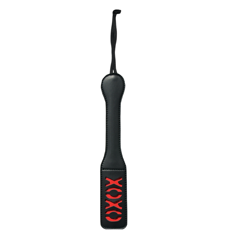 Black vinyl paddle with red XOXO cutouts and a hanging loop.