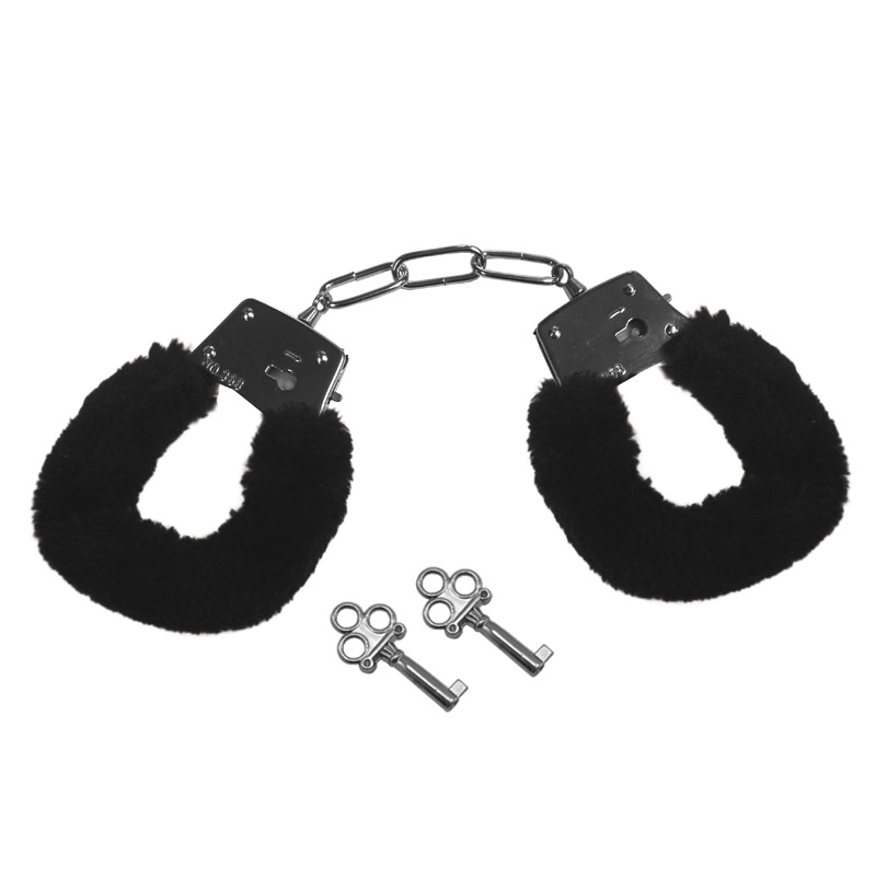 Black fur-lined handcuffs with two silver keys.