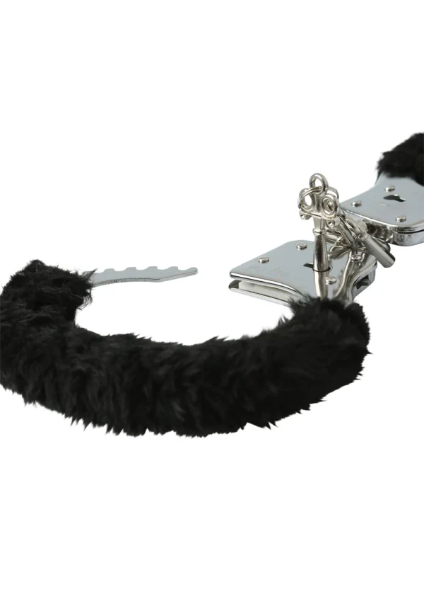 Black fur-lined handcuffs with keys.