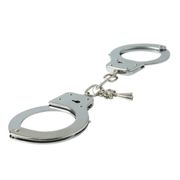Silver metal handcuffs with two keys.