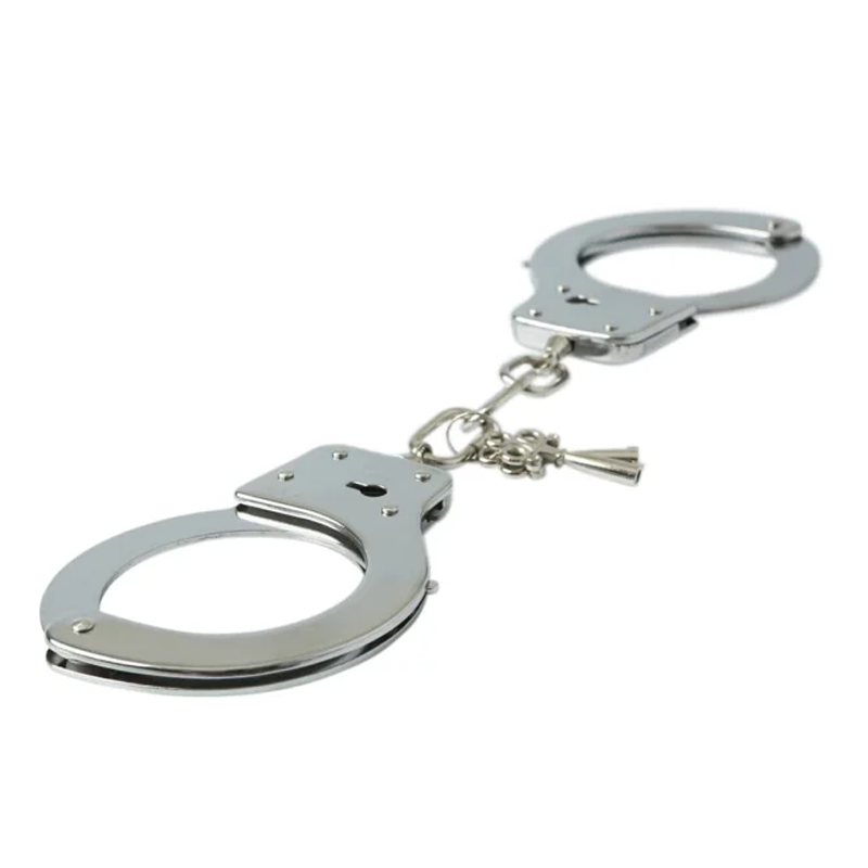 Silver metal handcuffs with two keys.