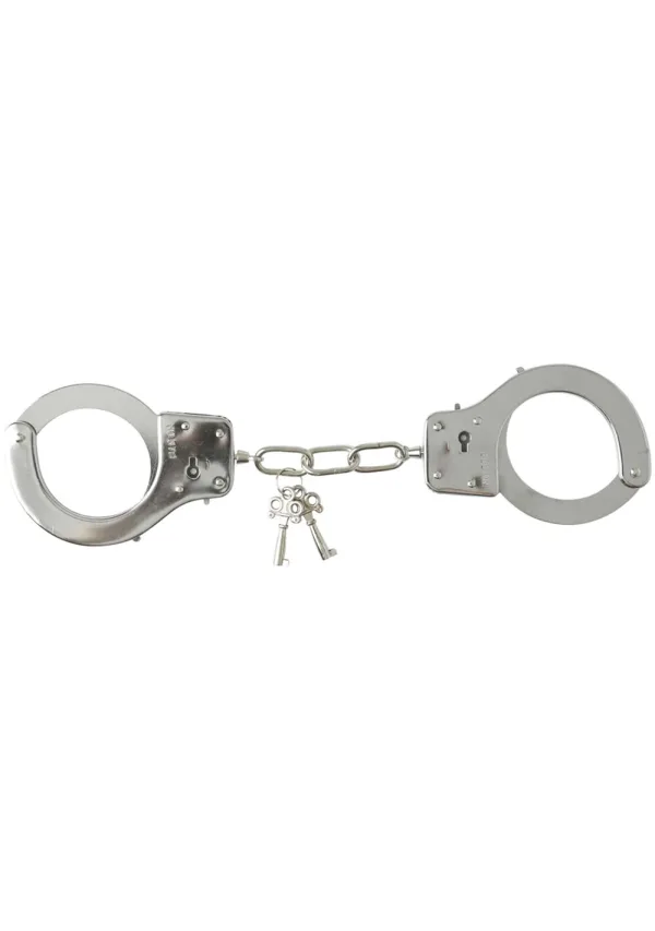 Silver metal handcuffs with two keys.