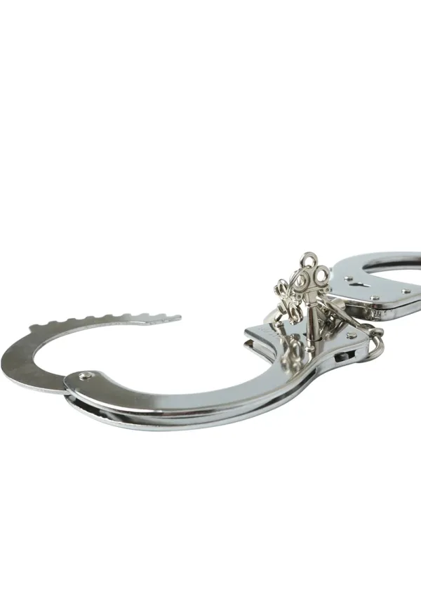 Silver metal handcuffs with two keys.