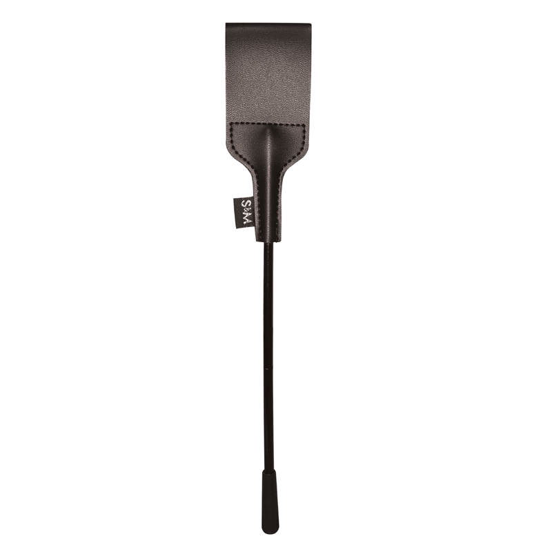 Vegan leather riding crop with a black handle and a flat paddle.