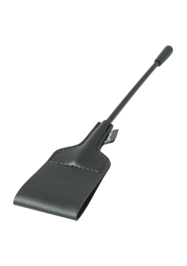 Black vegan leather riding crop with a thin handle.