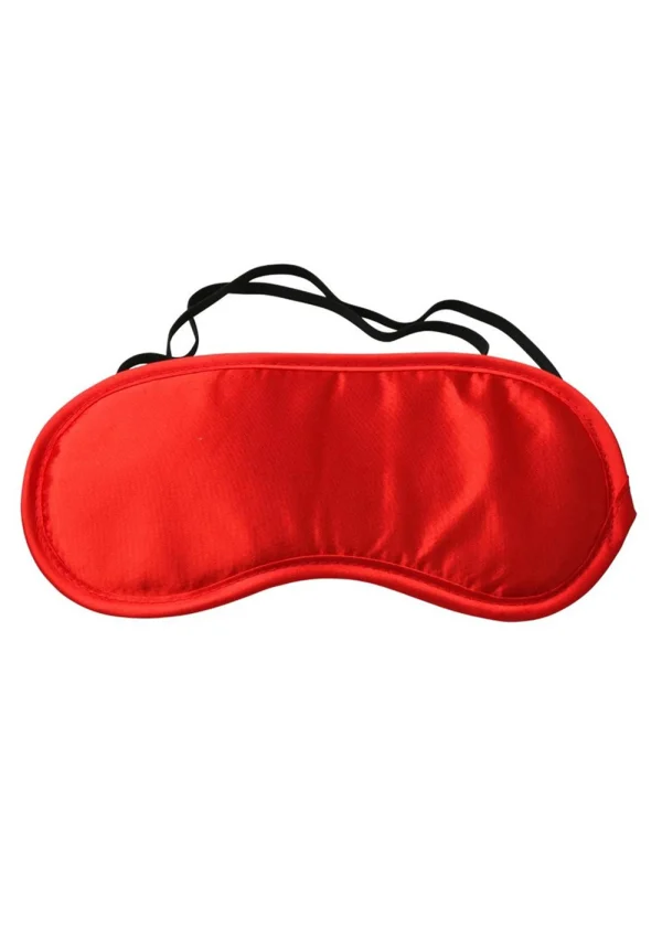 Red satin blindfold with black elastic straps.