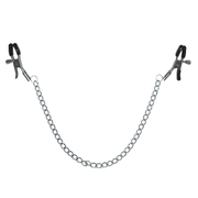Adjustable nipple clamps with a connecting chain and tension screws.