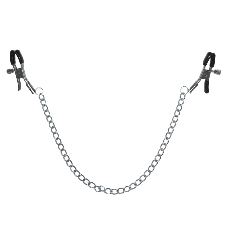Adjustable nipple clamps with a connecting chain and tension screws.