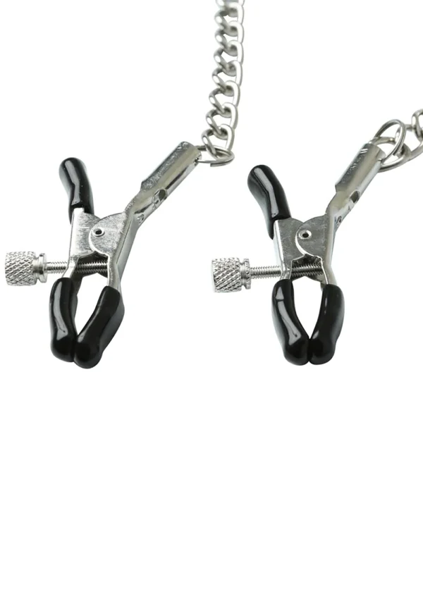 Adjustable chained nipple clamps with tension screws and black rubber tips.