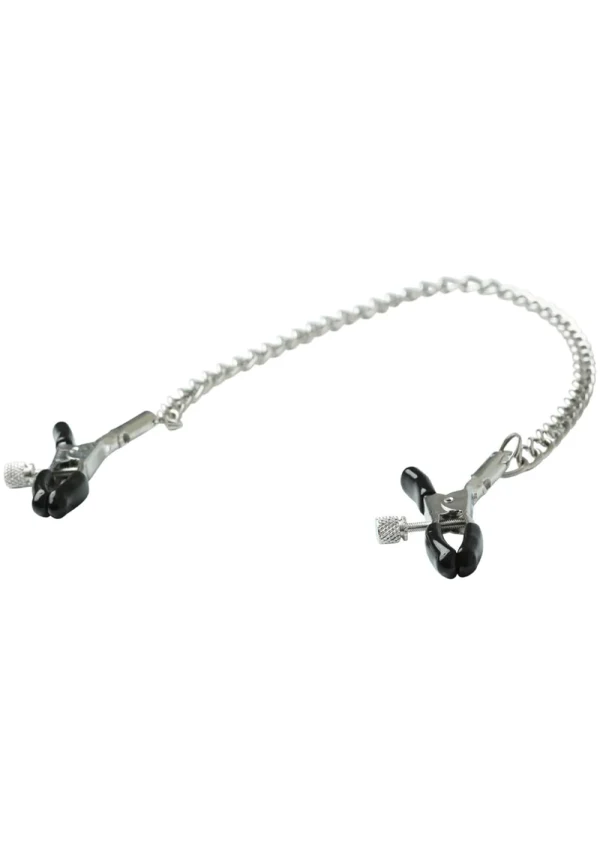 Adjustable chained nipple clamps with tension screws and rubber tips.