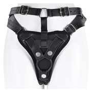 Black leather high-waisted strap-on harness with adjustable straps and metal hardware.