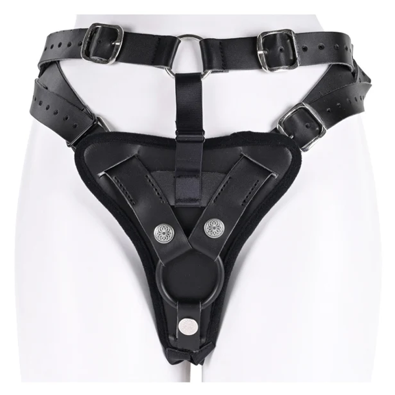 Black leather high-waisted strap-on harness with adjustable straps and metal hardware.