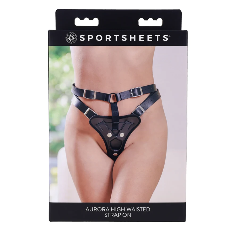 Black leather high-waisted strap-on harness with adjustable straps.